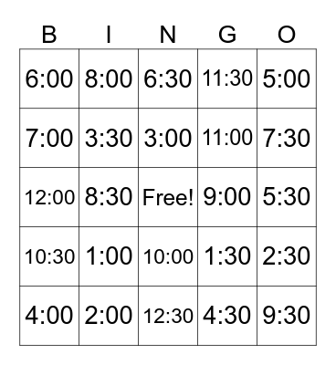 Time BINGO! Bingo Card