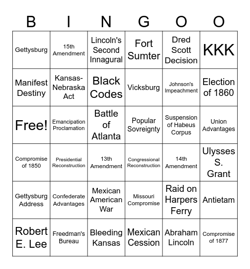 Unit 3: Causes of the Civil War - Reconstruction Bingo Card