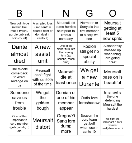 Canto 10 prediction Bingo Card