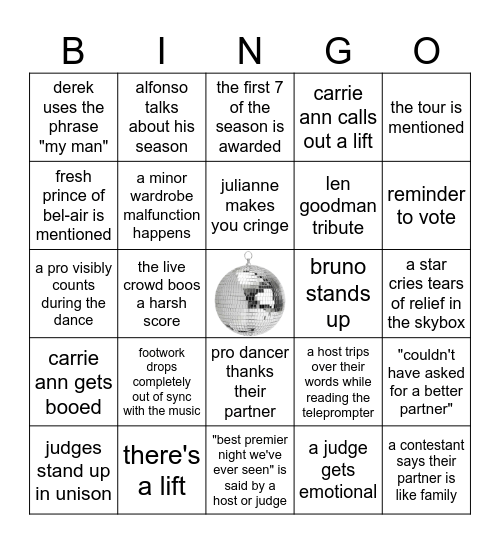 DWTS Season Premier Bingo 2026 Bingo Card