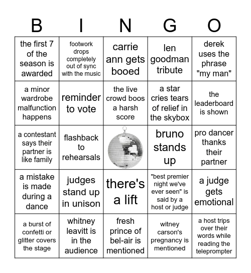 DWTS Season Premier Bingo 2026 Bingo Card