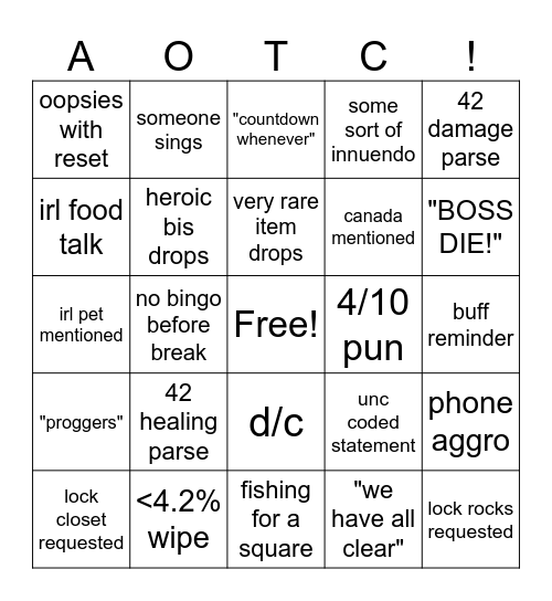 AOTCgo Bingo Card