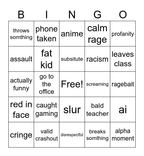 school crashouts Bingo Card
