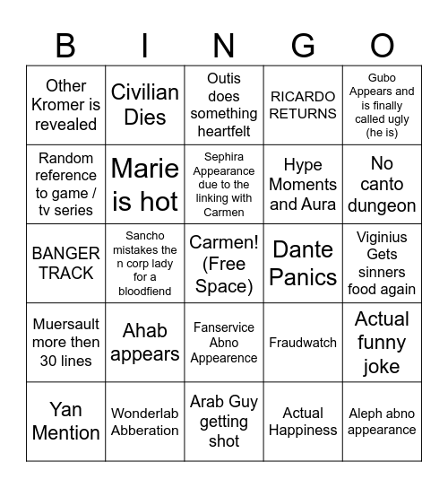 New Canto Bingo Card
