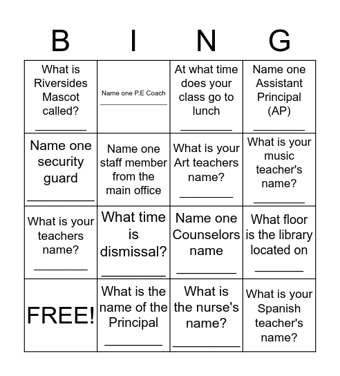 Welcome to Riverside Bingo Card