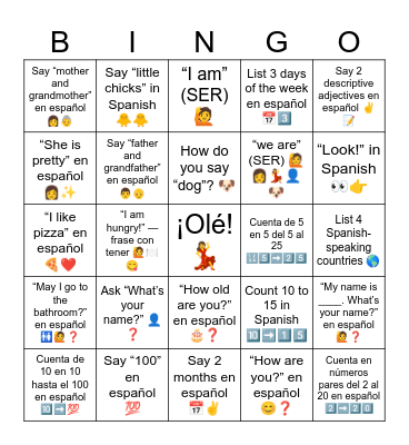 Repaso de preguntas básicas y números hasta el 100 Bingo Card