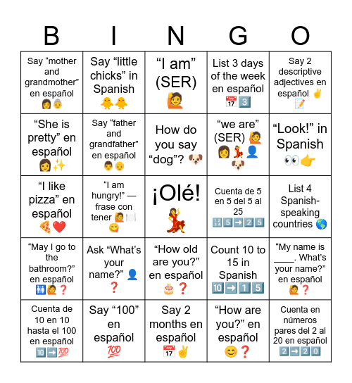 Repaso de preguntas básicas y números hasta el 100 Bingo Card