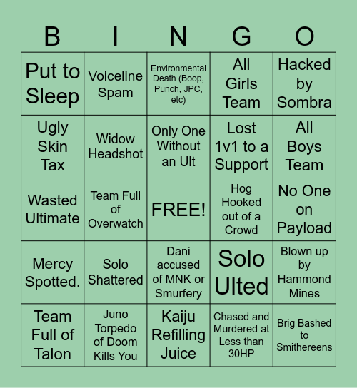 Overwatch Comp Suffering Bingo Card