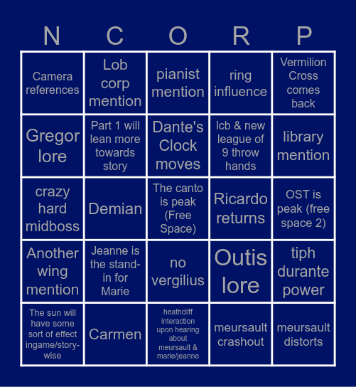 Canto X Bingo Card