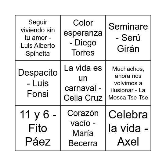 Bingo Musical Bingo Card
