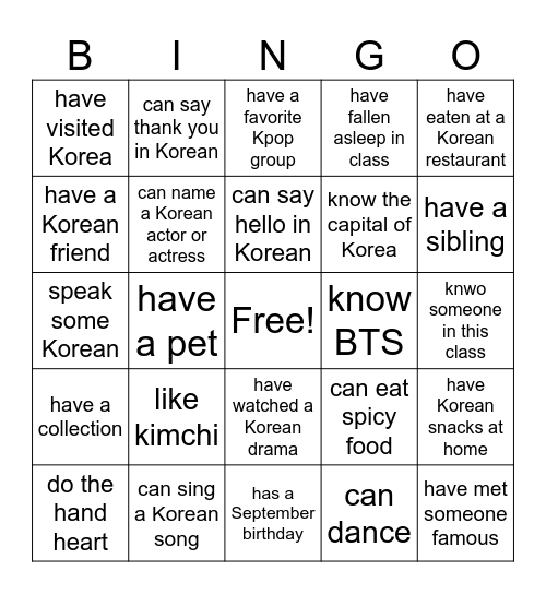 Korean CCA Bingo Card