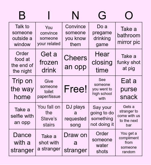 Going Out Bingo Card