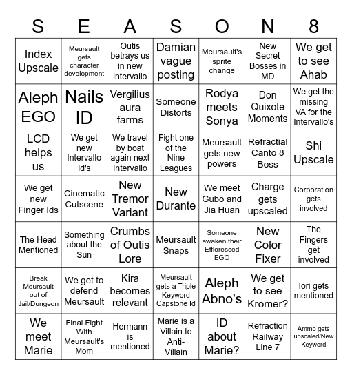 Season 8 Bingo Card