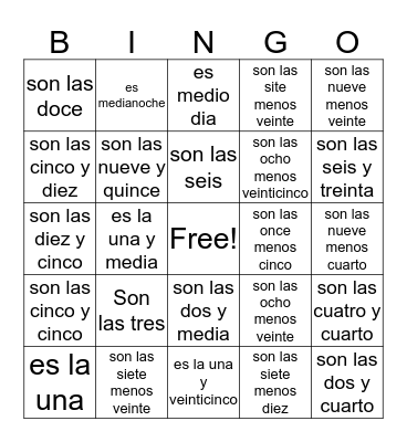 Que hora es? Bingo Card