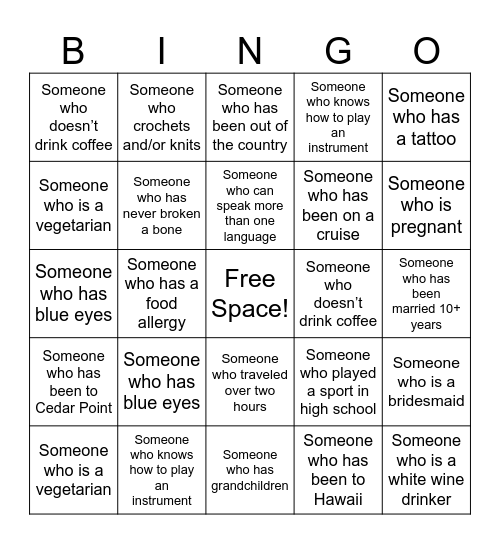 Bridal Shower Guest Bingo Card