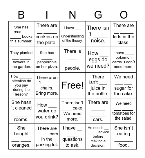 Many, Much, A few, & A little Bingo Card