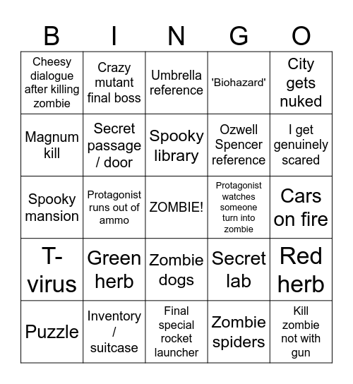 Resident Evil Bingo Card