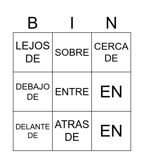 PREPOSICIONES Bingo Card