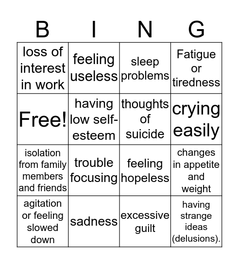 Depression Bingo! Bingo Card