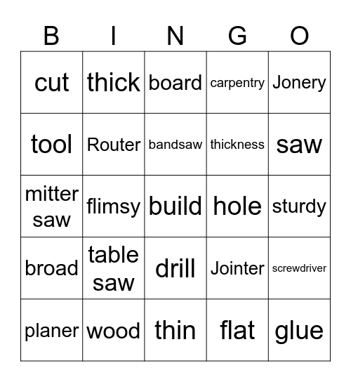 Woodworking Vocab Bingo Card