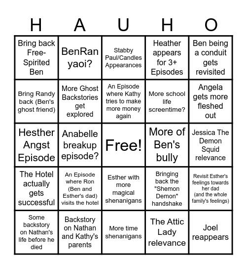 HAUNTED HOTEL S2 BINGO CARD Bingo Card