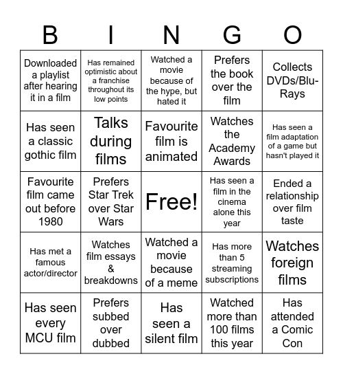 Cinema Society Bingo! Bingo Card