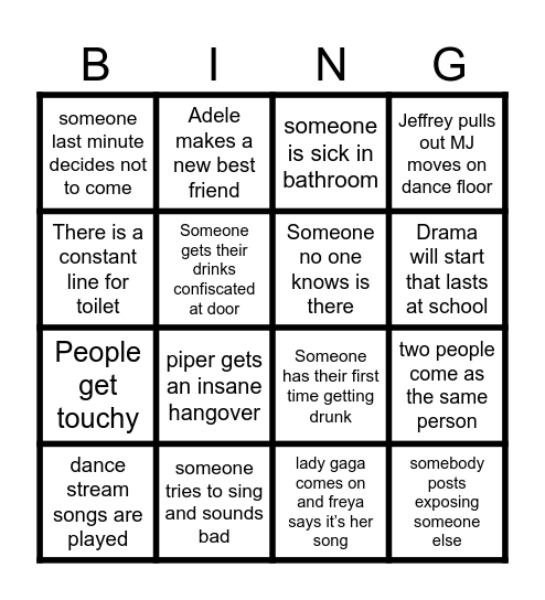 Freyas Party Bingo Card