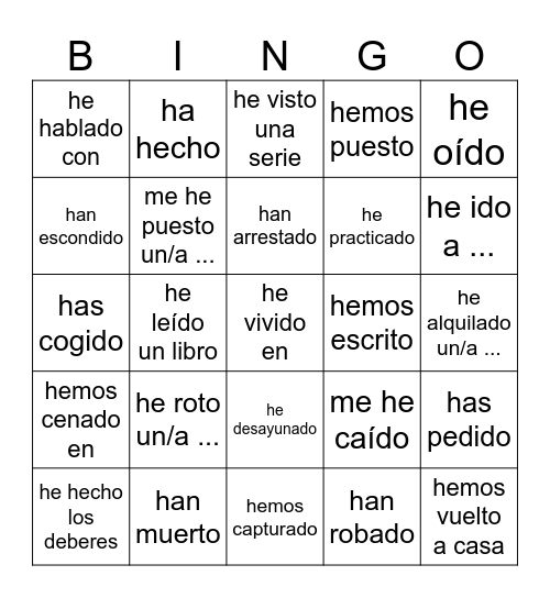 ¿Qué has hecho el fin de semana? Bingo Card