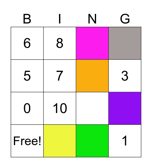 Colores y numeros 1-10 Bingo Card