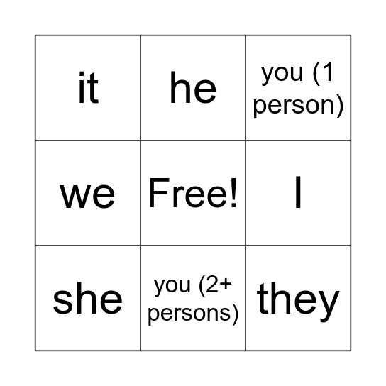 Subject Pronouns Bingo Card