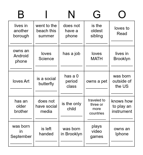 Classmate Bingo Card