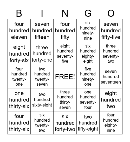 Standard Form to Word Form Bingo Card