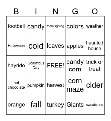 Fall Words Bingo Card