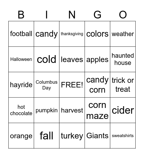 Fall Words Bingo Card