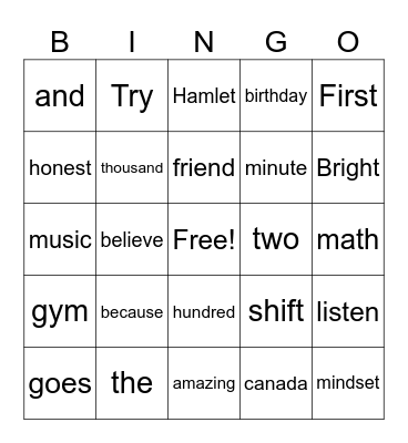 Word Bingo Card