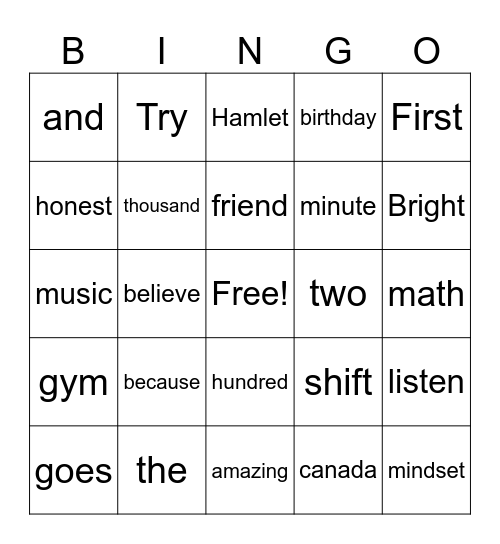 Word Bingo Card