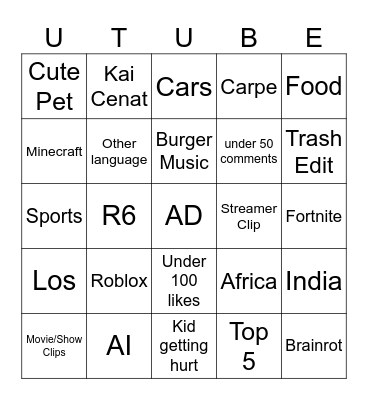 Youtube Shorts Bingo Card
