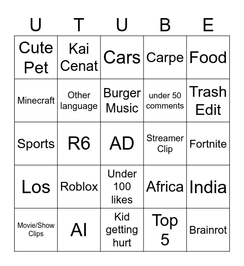 Youtube Shorts Bingo Card