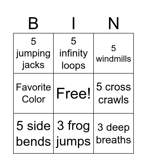 Crossing midline bingo Card