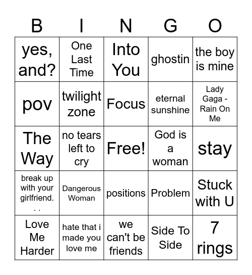 POP-STAR BINGO - WK2 - ARIANA GRANDE Bingo Card