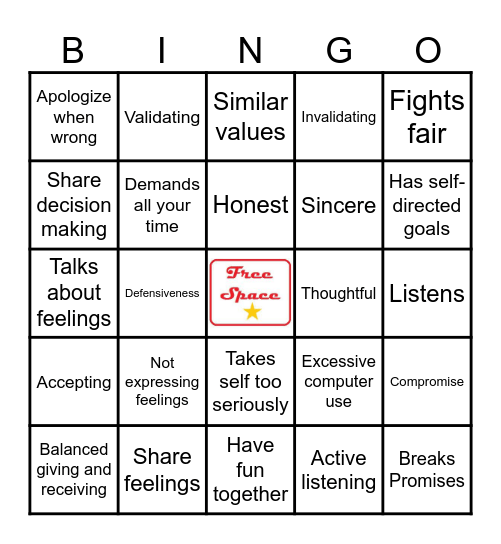 Healthy vs. Unhealthy Relationships Bingo Card