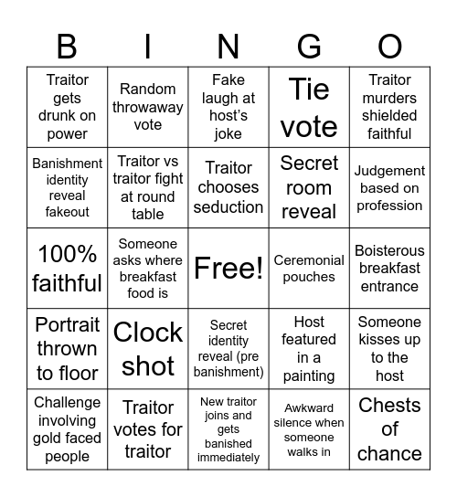Traitors Bingo Card