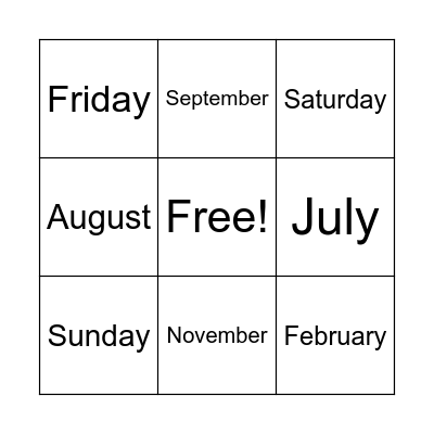 Calendar Bingo Card