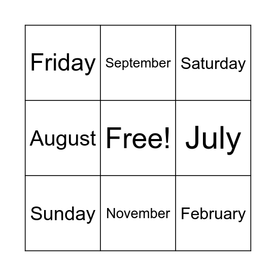 Calendar Bingo Card