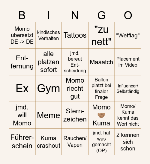 Kuma Bingo 6 Bingo Card