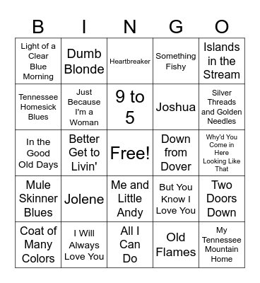 Dolly Parton Songs Bingo Card