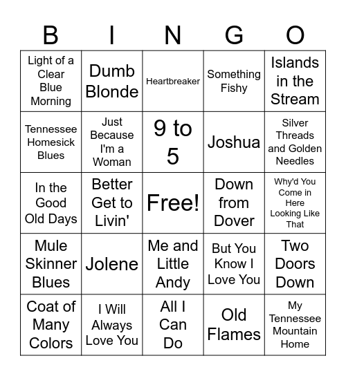 Dolly Parton Songs Bingo Card