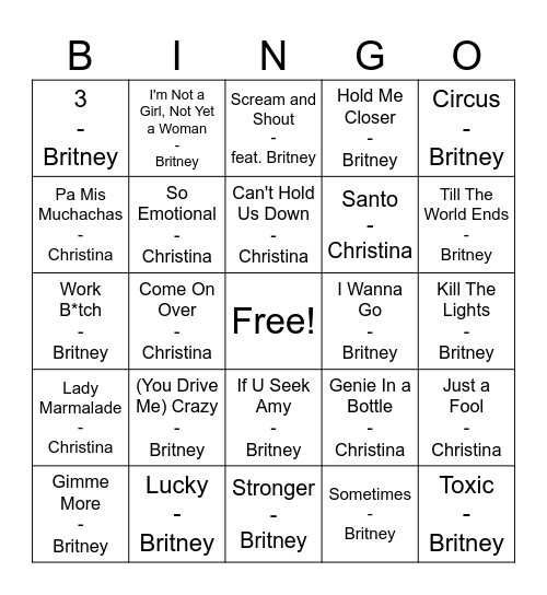 Britney vs. Christina Bingo Card