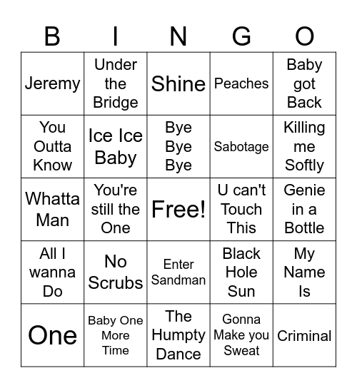 1990s Game 1 Bingo Card