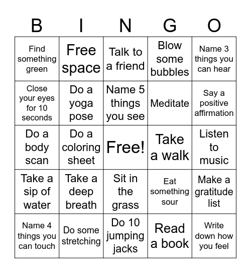 Mindfulness BINGO Card